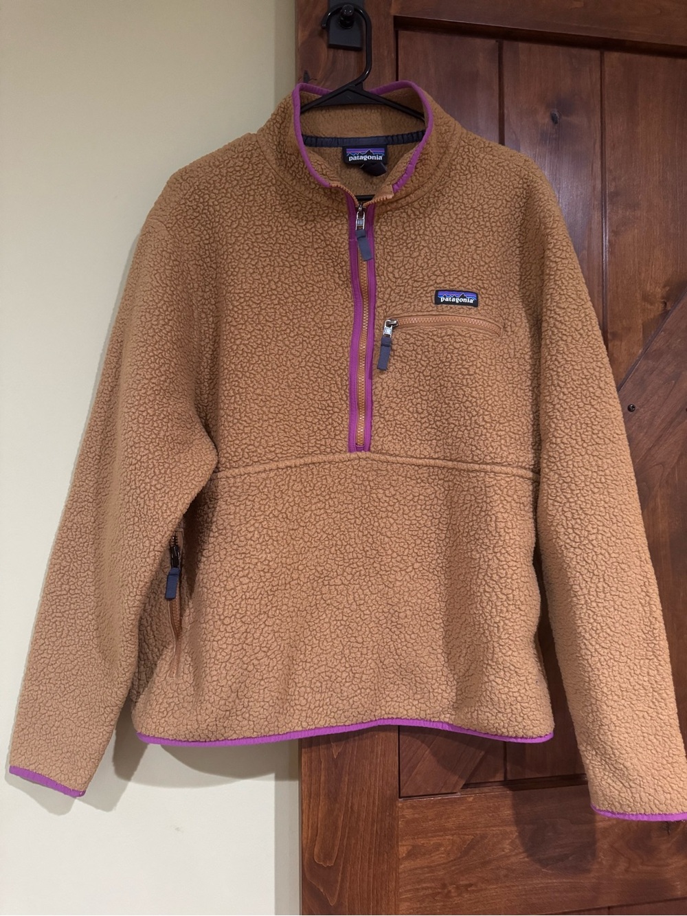 Patagonia Tan Fleece Jacket with Purple Trim